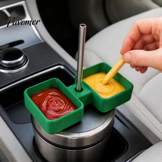 Car Sauce Holder 3D Printed Cup Condiment Tray, 2 Compartment Dip Portable Box Container with Straw Hole, Universal Vehicle Tumbler Fast Food