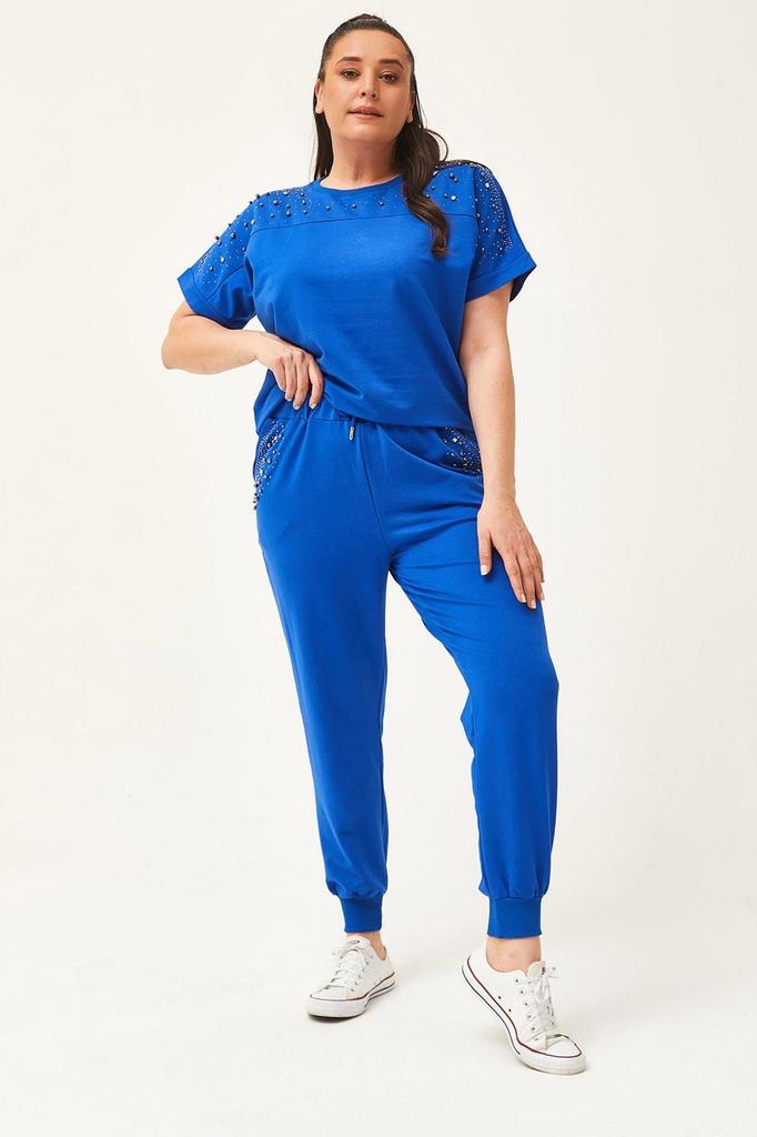 Женский модный спортивный костюм большого размера, летний зеленый спортивный костюм большого размера с камнями и бисером, с короткими рукавами