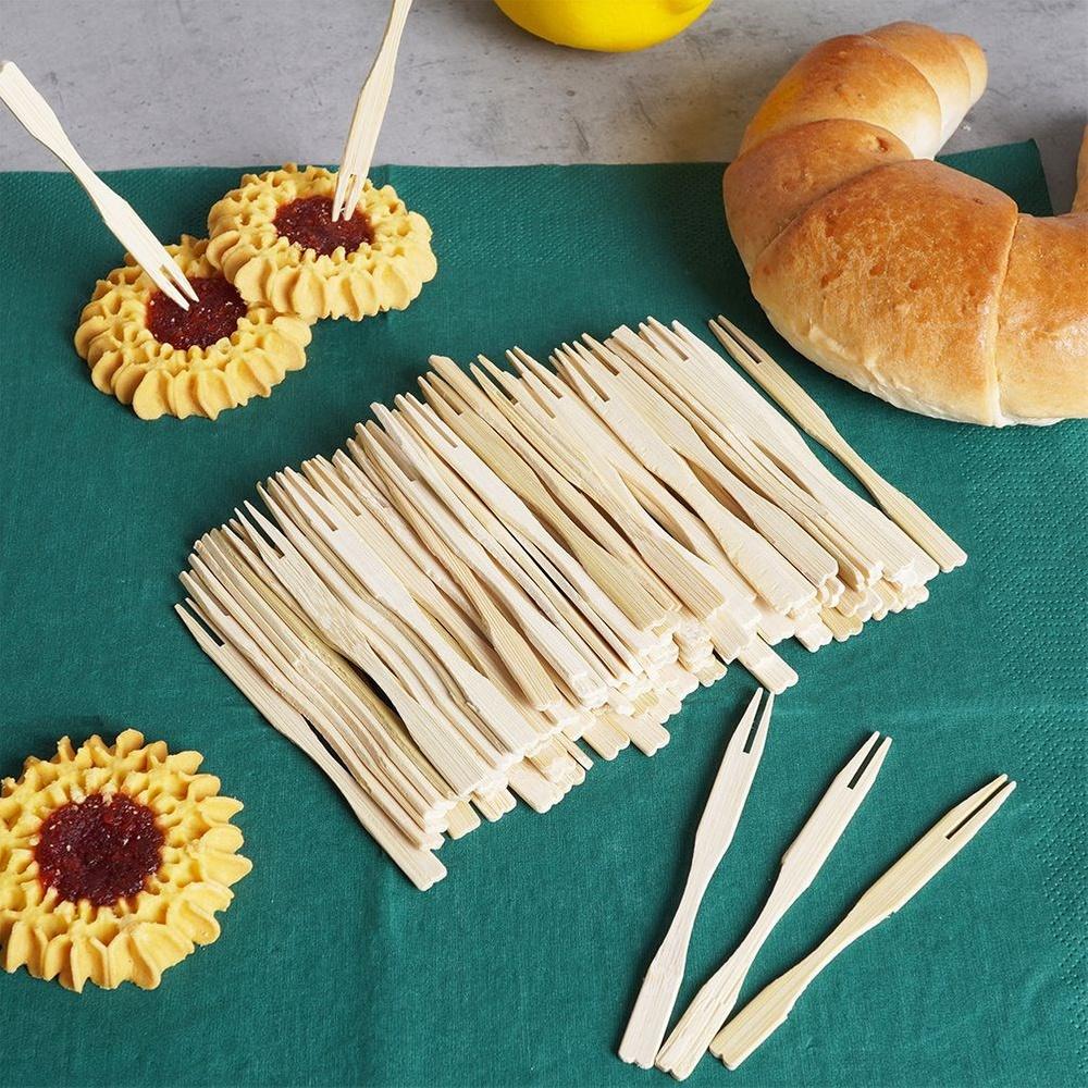 Natural Bamboo Disposable Cocktail and Appetizer Forks 100-Piece Set 9 cm