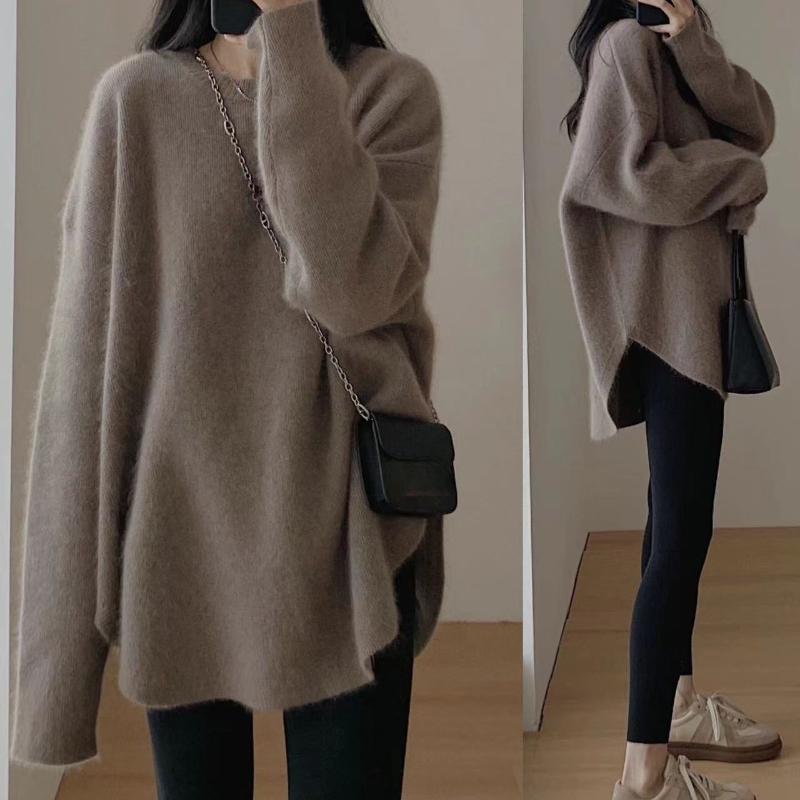 IHUASU Wool Pullover Jumper Women's Autumn and Winter Outer Wear In The Long Section of Lazy Open Knit Sweater