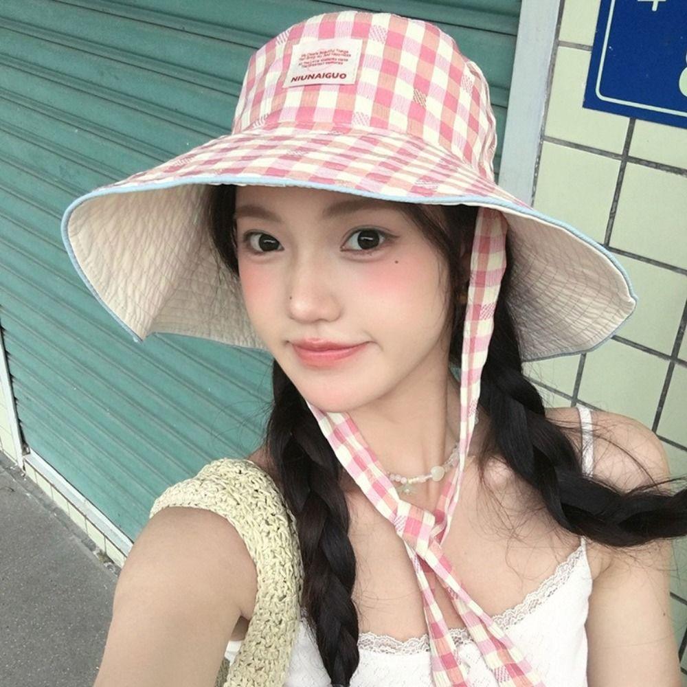 Sunscreen Hiking Fisherman Hat Big Brim Plaid Hiking Cap Fashion Drawstring Sun Hat Fishing
