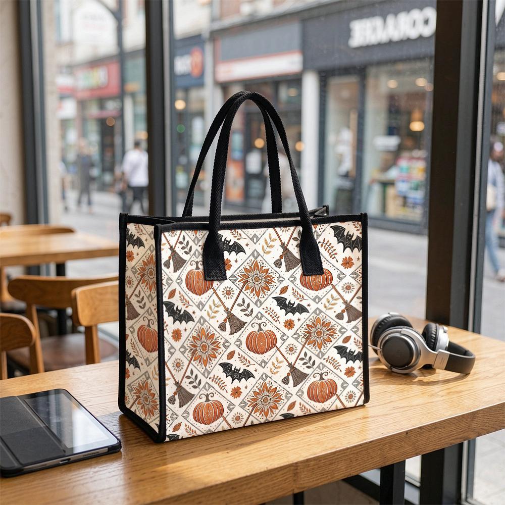 Boho Halloween Tote Bag Pumpkin Bat Pattern Casual Handbag for Daily Shopping