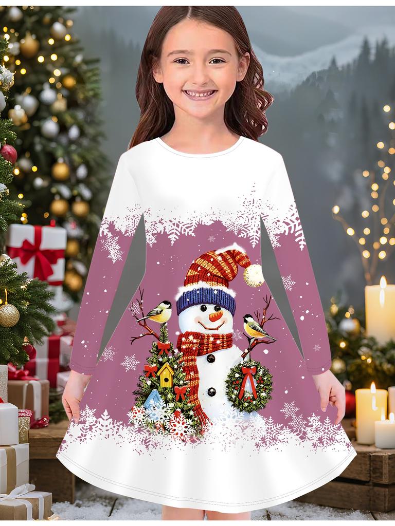Girls' Autumn and Winter Fashion Dress, 3D Christmas Print Round Neck Long Children's T-shirt Dress, Casual Versatile, Christmas Clothing