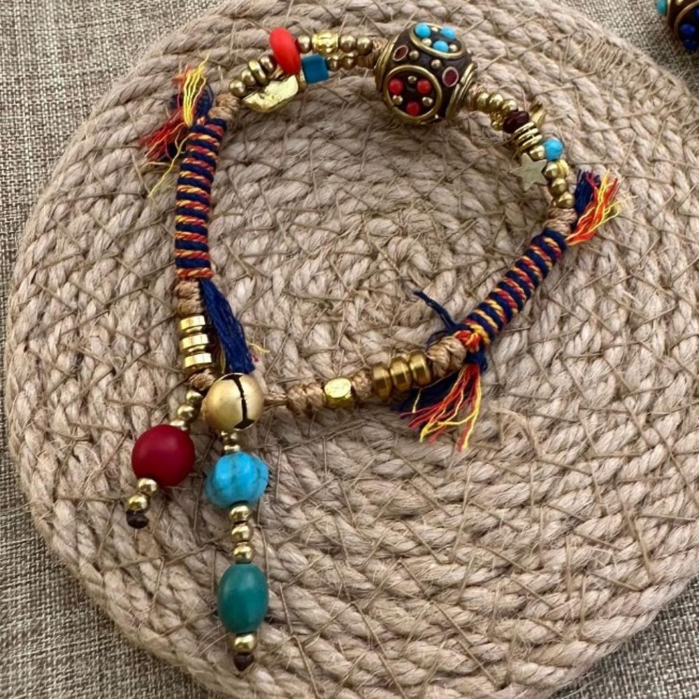Регулируемый плетеный браслет из вощеного шнура с медными бусинами, плетеный браслет в древнем стиле, этнический браслет для девочек