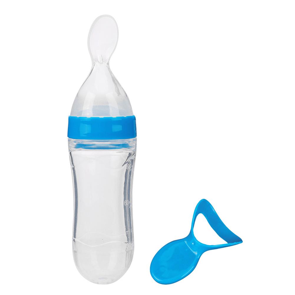 90ml Silicone Baby Toddler Feeding Bottle with Spoon Fresh Food Cereal Squeeze FeederBlue