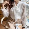 2024 Spring Bow Chiffon Long Sleeve Ribbon Blouse