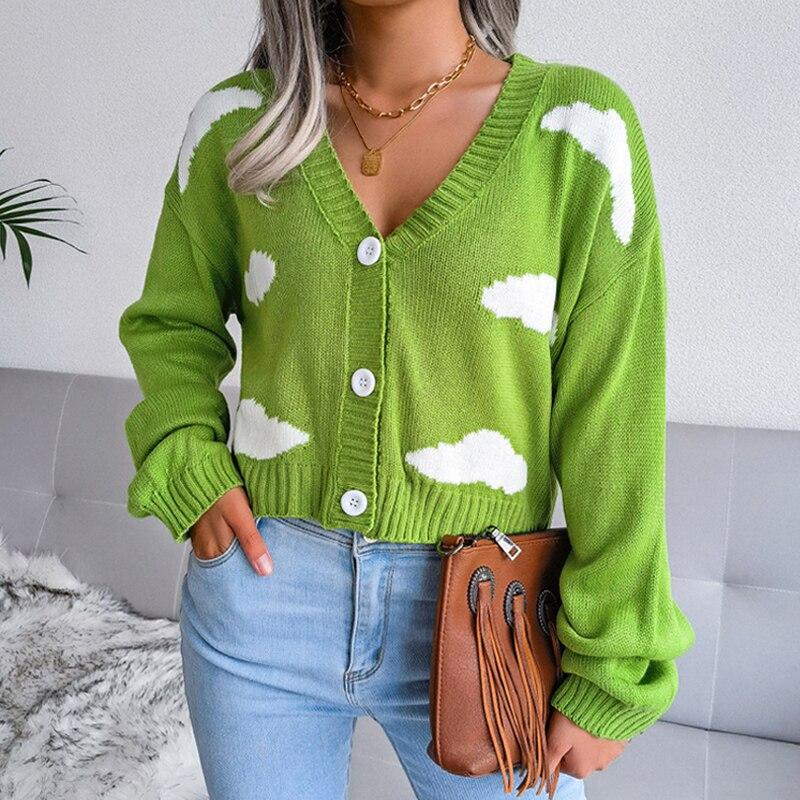 Свитер Preppy Cloud Harajuku, модный укороченный топ с v-образным вырезом и длинными рукавами, кардиган, вязаные корейские свитера, женские Ropa Mujer 18115