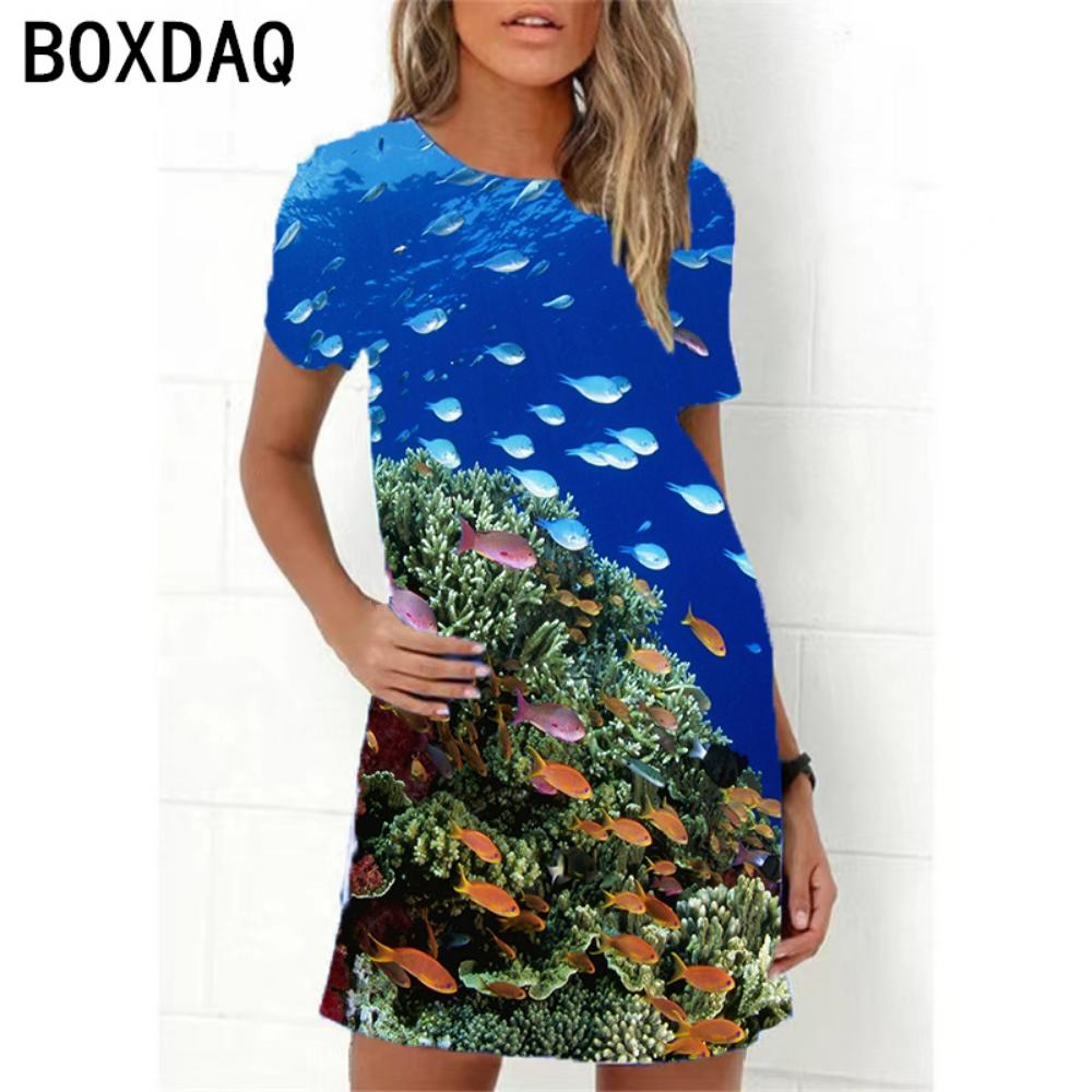 Ocean World 3D Print Dress Women New 2026 Summer Short Sleeve Cartoon Fish A-Line Dress Oversized Loose Casual Ladies Dress