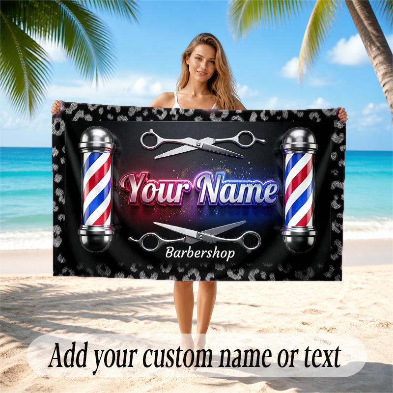 Barber Salon Theme Quick Dry Beach Towel Custom Name Text Print Large Sand Resistant Towel Beach Vacation