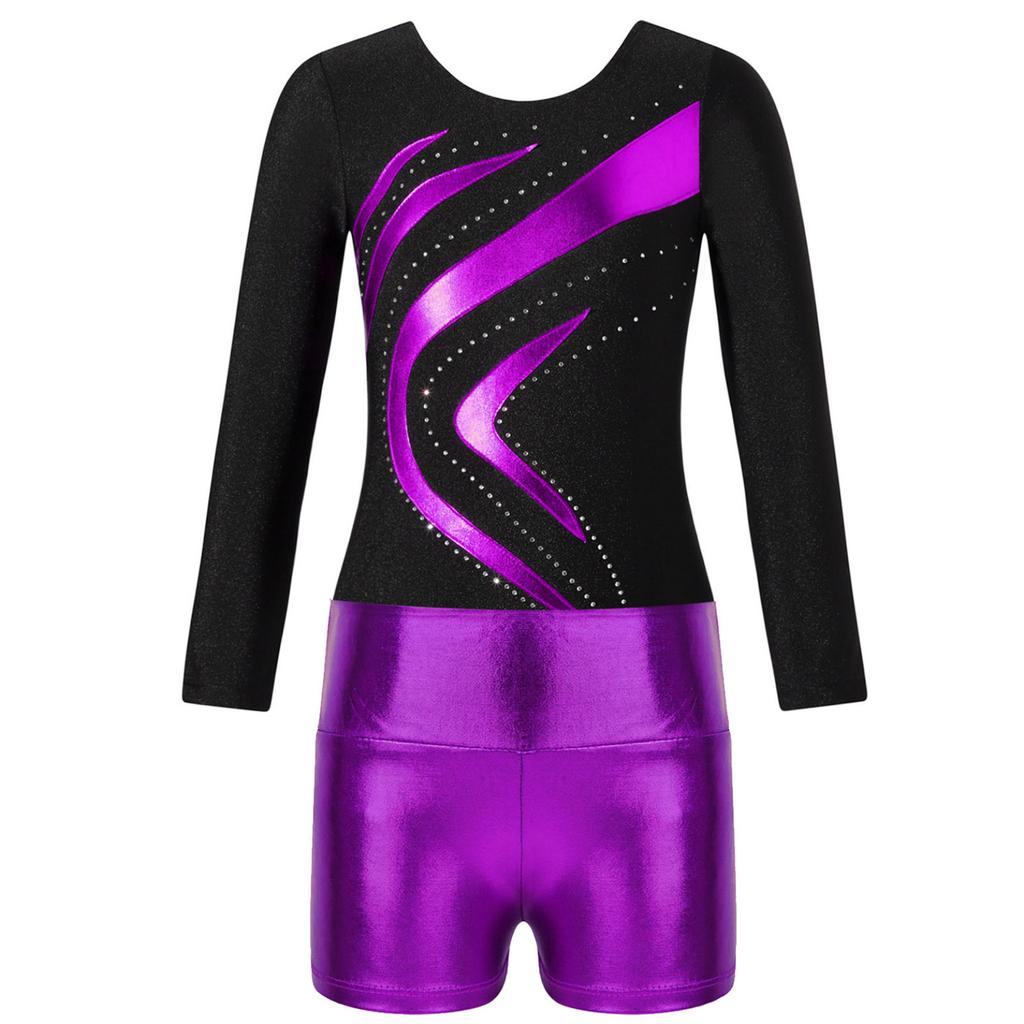 Детский танцевальный комплект для девочек, купальник со стразами и длинными рукавами, шорты для соревнований по гимнастике
