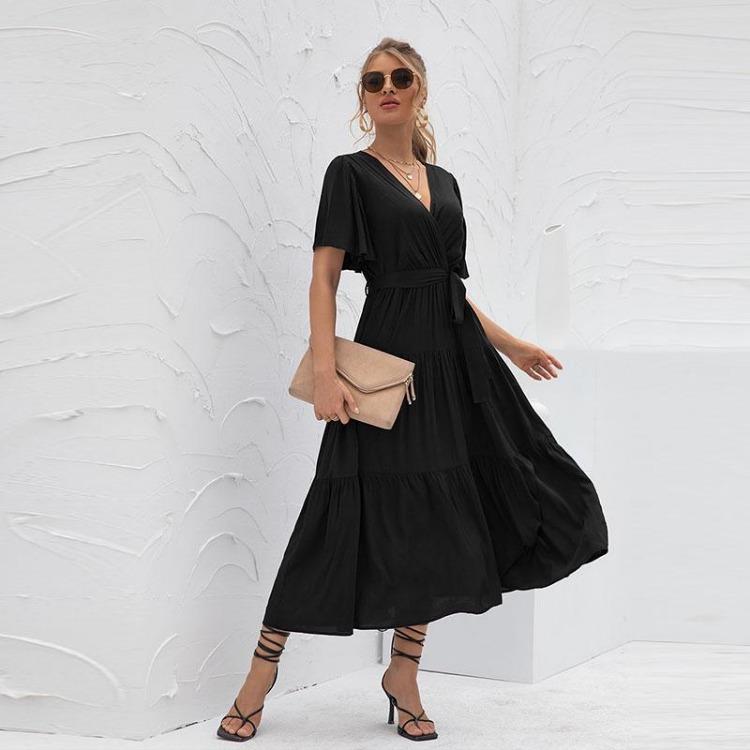 Women Summer Fall Casual Long Dress Solid V-neck Short Butterfly Sleeve Bandage Belt Sizes S-XXL
