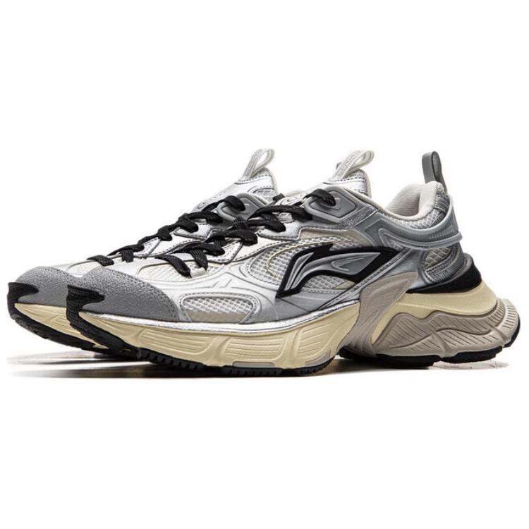 Li Ning Звездные Y2K Ретро Мода Универсальные Толстая Подошва Удобные Мягкие Упругие Низкие Папины Кроссовки Мужские Кроссовки Серебристо-Черные AGCU339-2