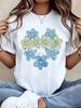 Women White Crew Neck Short Sleeve T‑Shirt Floral Daisy Print Cute Casual Lightweight Knit Fabric Summer Basic Tee Top 1Pc