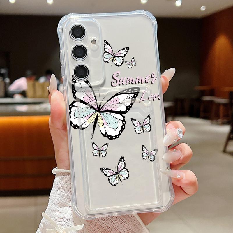 Clear Card Slot Phone Case For iPhone 17 18 Pro Max Butterfly Print Card Holder Cover For iPhone 16 15 14 13 Pro Max 17E