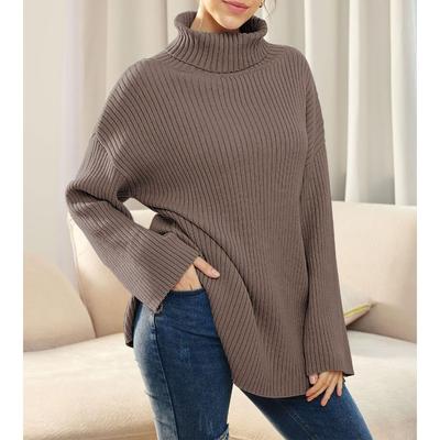 Осенне-зимний женский свитер большого размера для высоких женщин, свободный, с разрезом, длинным рукавом, высоким воротом, ребристым трикотажным свитером