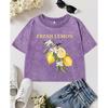 Fresh Lemon Flowers Print Women Washed Slim Short Sleeve Retro O-Neck T-Shirt Cotton Tee Shirts Comfortable Clothes