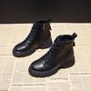 Женские ботинки Мартинсы из натуральной кожи в британском стиле, Осень/Зима 2025: Короткие, Круглый носок, Массивный каблук, На шнуровке с боковой молнией.