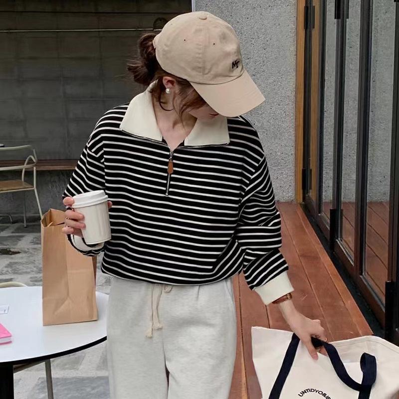 Свитшот с лацканами, женское тонкое осеннее пальто, полосатый топ с длинными рукавами, новая тенденция в виде рубашки поло на молнии