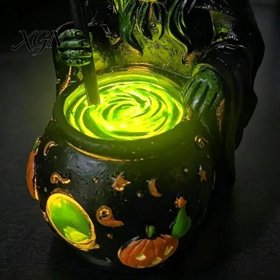 Gothic Home Decor for Halloween Witch Cauldron Lamp Figurine, Resin Scary Witches Lighted-Up Glowing Pot Figurine Cauldron, Festival Supplies