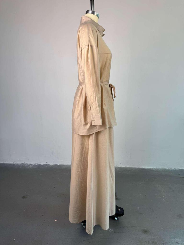 Мода Весна/Лето 2025 для Женщин Европы и Америки: Комплект: свободная рубашка с отложным воротником и длинным рукавом и юбка-миди с высокой талией