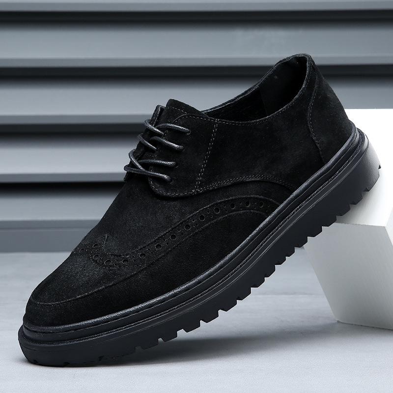 Мужские туфли на шнуровке на высоком каблуке, черные замшевые броги, массивные оксфорды на платформе в стиле ретро для мужчин, увеличивающие рост