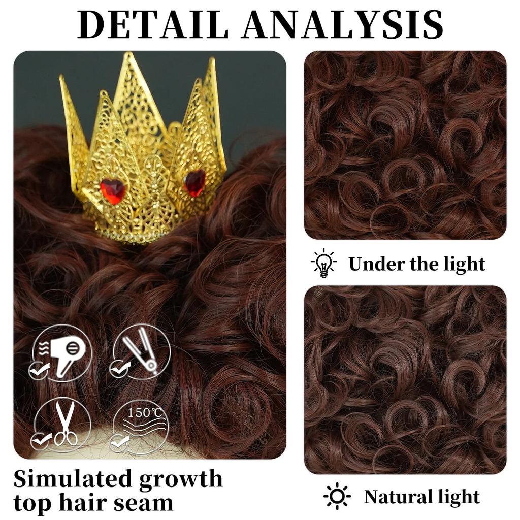 Королевский парик королевы, темно-красные короткие вьющиеся волосы, синтетическое сердце, парики для косплея, костюм на Хэллоуин, парик для вечеринки