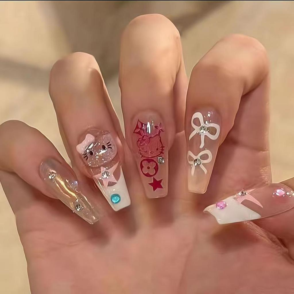 3D Bow & Heart Red Polka Dot Wearable Nail Art Stickers - Long Thin Girly Design