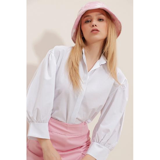 Women's Brown Concealed Pleat Balloon Sleeve Basic Poplin Shirt