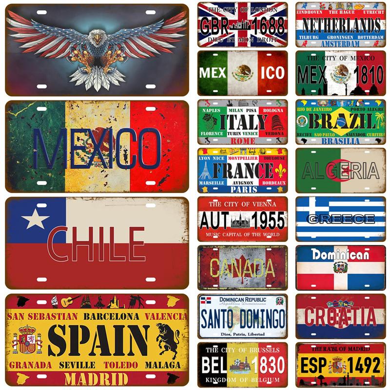 Plaque France Israel Spain Tinplate Plate For Wall Home Restaurant Craft Bar Decor Metal Sign Germany USA Country Flag Tin Sign