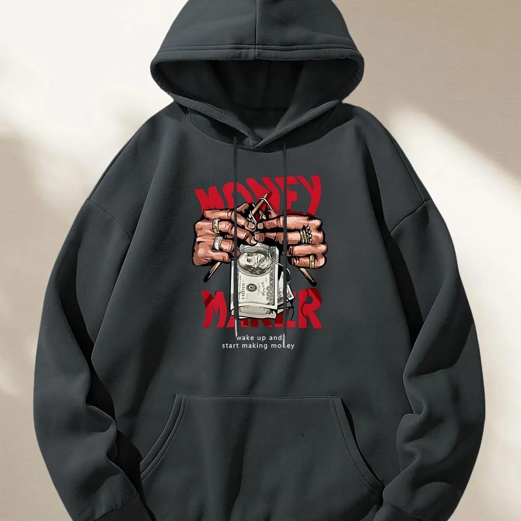 Kpop Trend Hustle Graphic Hoodie For Guys Wealth Cash Front Print Soft Korean Daily Oversized Hip Hop Hooded Top
