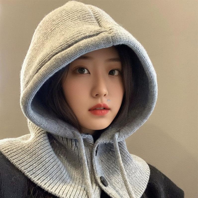 Корейская балаклава для женщин на зиму, теплая шапка-шарф, интегрированная, для пары, с защитой ушей, вязаная шерстяная шапка