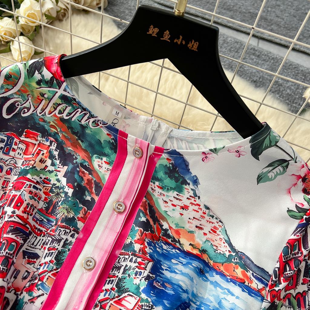 Летние женские дизайнерские винтажные принты на подиуме платья с коротким рукавом и шнуровкой, облегающие платья-карандаши для вечеринок