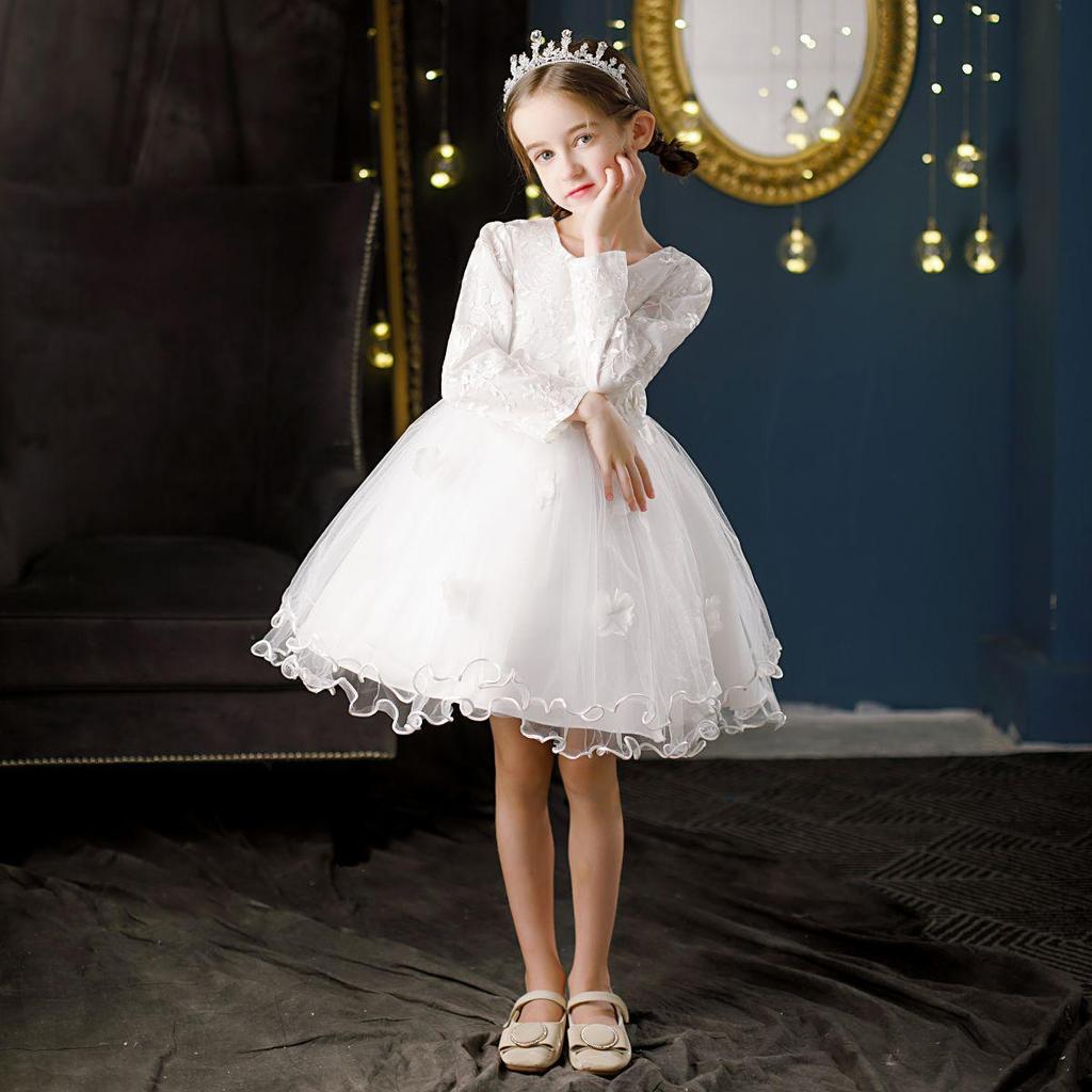 Платье принцессы для девочки-цветочницы с длинными рукавами и пышной юбкой из тюля - детский костюм для свадьбы и выступлений