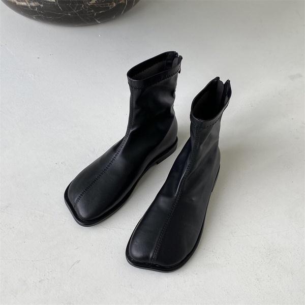 Woman Spring Botas Shoes Flat Heel Zipper Boots Women Ladies Ankle Leather Rubber 2024 Soild Fabric Square Toe Zapatillas Mujer