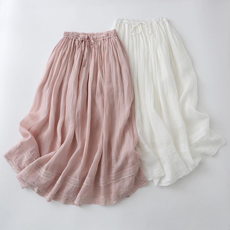 Cotton Solid Casual Long Skirt for Women Elastic High Waist Tie Ruffled Patchwork Mesh Embroidery Skirt Summer Breathable Lightweight Soft Comfy Skirt