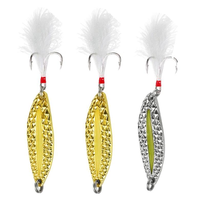 1-5PC Metal Luminous Spinner Spoon Fishing Lures 3/7/15/20g Night Tackle Sequins Bait Noise Paillette with Feather Treble Hook