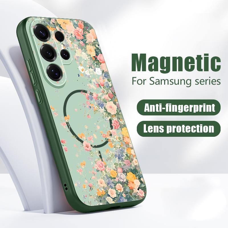 Магнитный Чехол Для Magsafe Для Samsung Galaxy S26 Ultra S25 Edge S24 Plus S23 FE S22 A54 A55 A56 5G С Рисунком Цветочный Сад Матовый Чехол