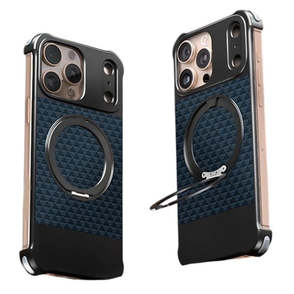 For iPhone 15 Pro Max Magnetic Case Borderless Textured PU+Metal Kickstand Phone Cover