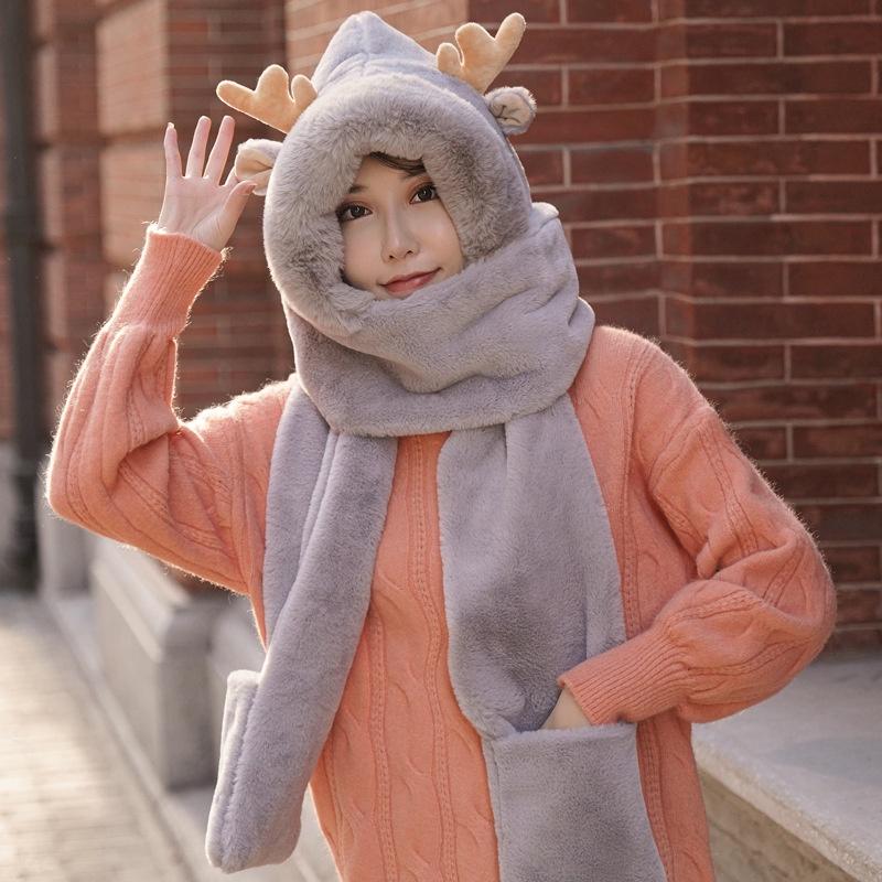 Рождественская шапка для взрослых, шарф, перчатки, интегрированный зимний теплый плюшевый шарф с рогами из мультфильма для родителей и детей, детский