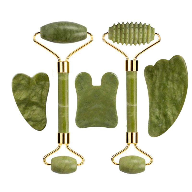 Natural Green Jade Roller Gua Sha Set Scraping Facial Massage Lifting Anti-Wrinkle Gouache Scraper Jade Massager Skin Care Tools