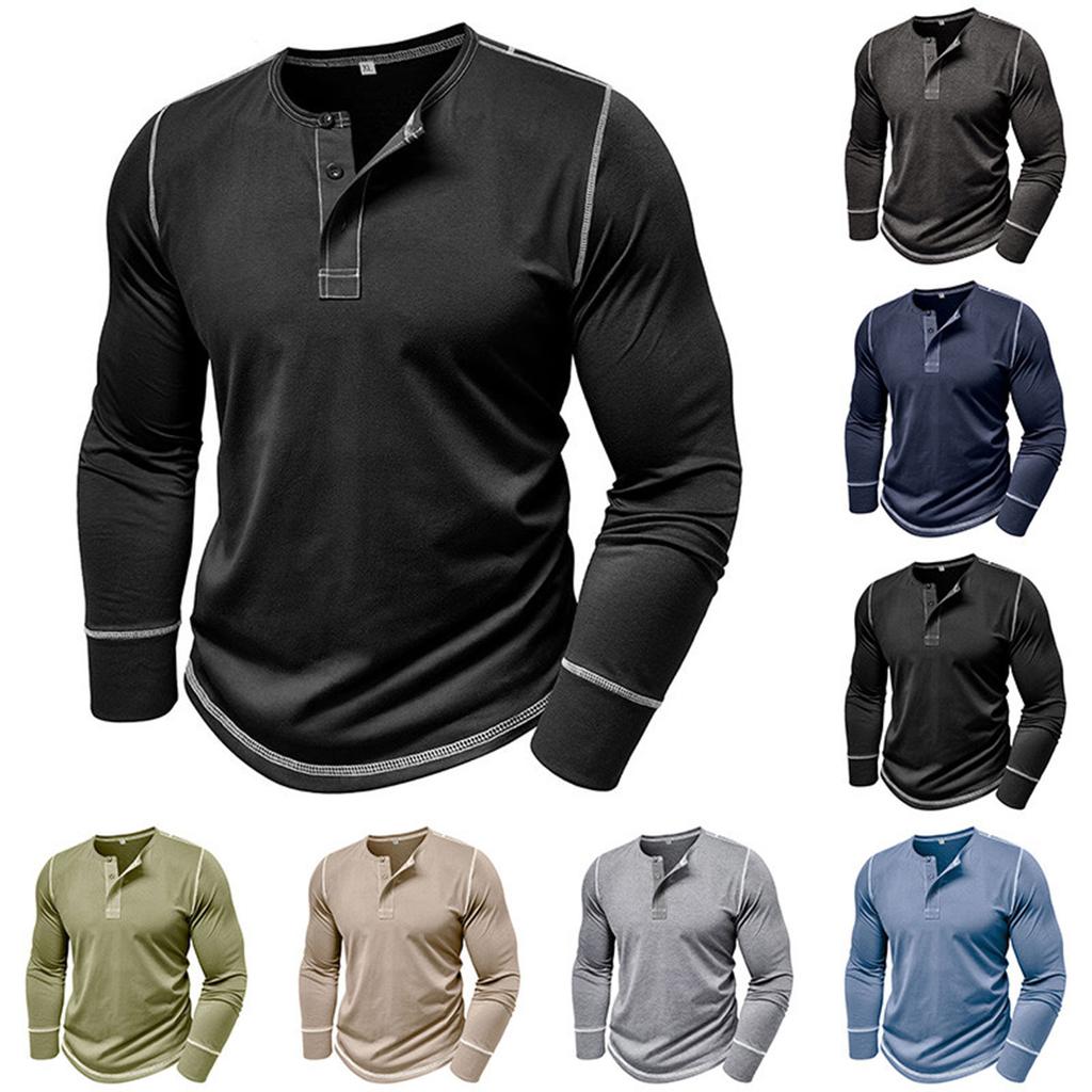 Men's Long Sleeve Shirt Men's Round Neck Button T-Shirt Color Block Top