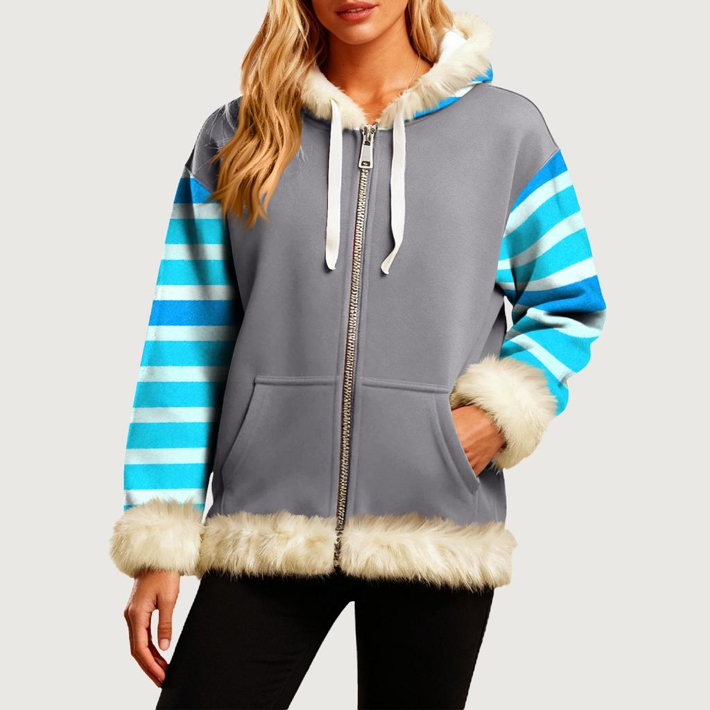 Женская Удобная Свободная Модная Повседневная Толстовка-Куртка с Длинным Рукавом, Карманами и Капюшоном с Полосатым Принтом