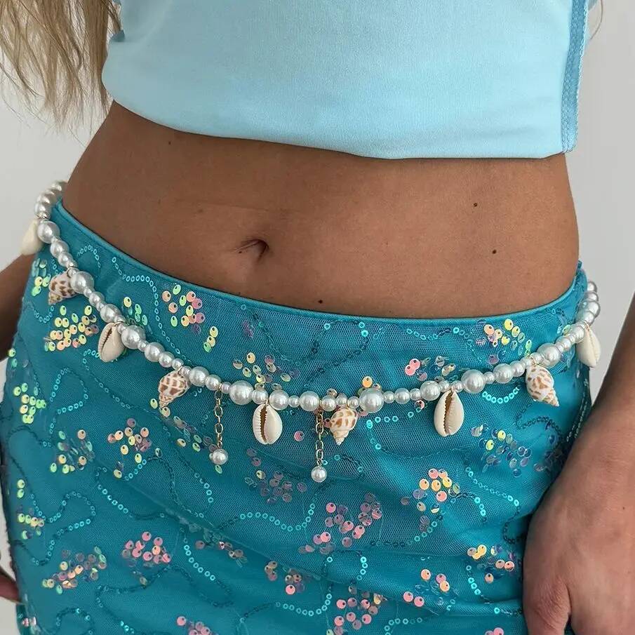 SHIXIN Bohemia Starfish Scallop Pendant Waist Chain Women New Trendy Imitation Pearl Beaded Link Bikini Belly Chain Body Jewelry