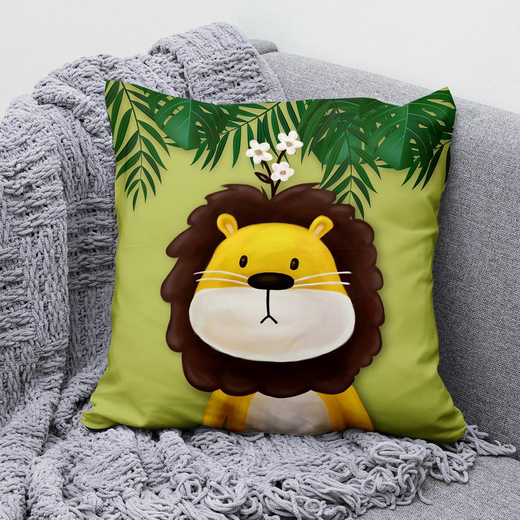 Cartoon Animal Zoo Hold Pillowcase Jungle Green Leaf Sofa Chair Cushion Cover Children's Room Home Decoration