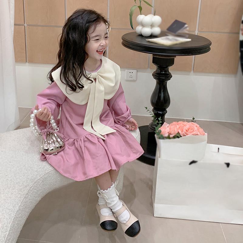 Платье принцессы с воротником куклы для девочек, рукава-фонарики, украшение с цветным бантом