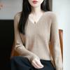 V-neck Striped Sweater for Women Loose Solid Color Pullover Versatile Long-sleeved Knitted Sweater for Women In Autumn and Winter