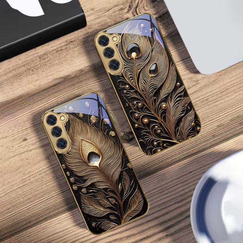 Золотое перо драгоценный камень для Samsung Galaxy S20 FE S21 S22 S23 Plus S24 Ultra 25Ultra S21+ S9+ S22Plus Золотой стеклянный чехол для телефона