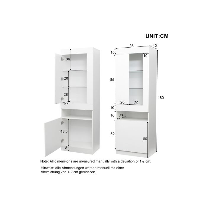 Vitrine - MUVOE - Éclairage LED 16 couleurs - Blanc - 50x40x180 cm - Meuble de salon