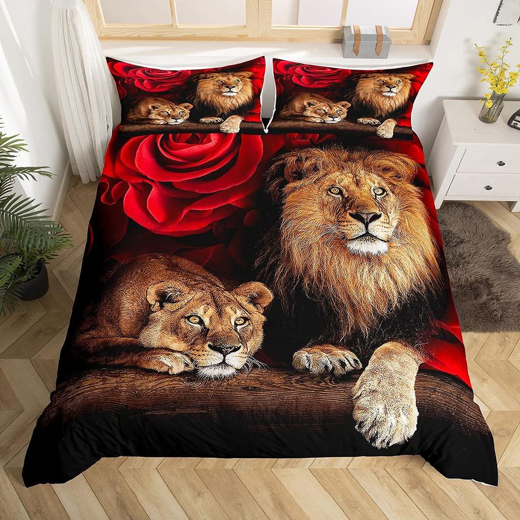 Lion Rose Duvet Cover Sets King Size Animal Floral Print Polyester Comforter Cover Nature Theme Bedding Set for Kids Adult Teens
