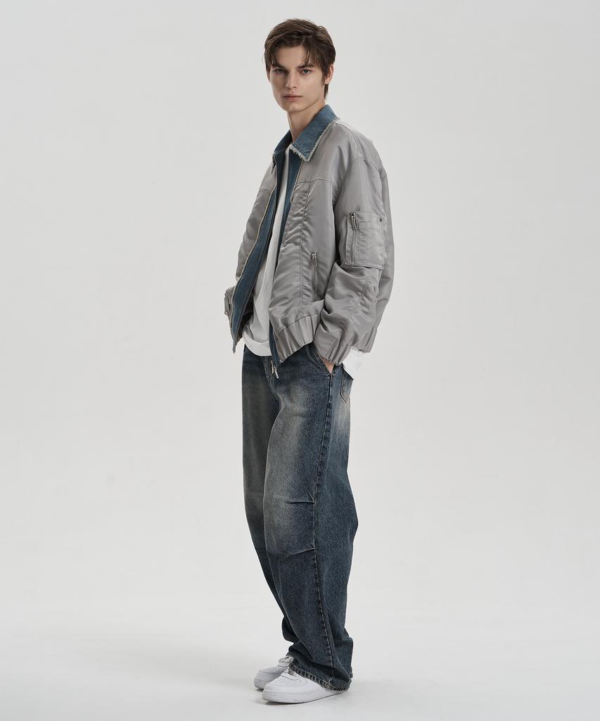 Znuz Denim Patch Nylon Bomber - Light Khaki